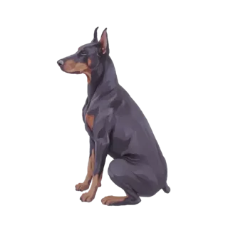3D model of a Doberman Pinscher dog sitting attentively, with its dark coat and tan markings clearly visible.