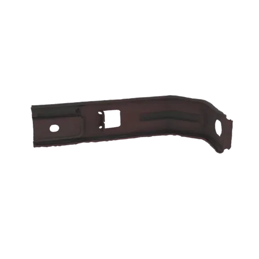 3D model of a dark metal automotive bracket with mounting holes and a bent shape.