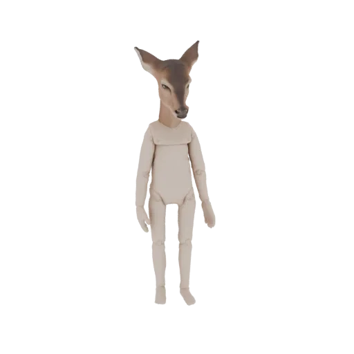 A 3D render of an articulated mannequin with a realistic deer head, standing against a black background.
