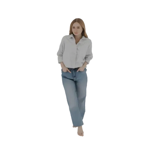 3D model of a young woman with blonde hair, wearing a light blue button-up shirt and blue jeans, standing with hands in pocke