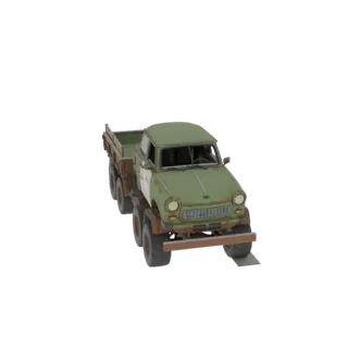 Modèle 3D d'un camion militaire vintage vert à six roues avec une finition vieillie, vu de trois quarts avant.