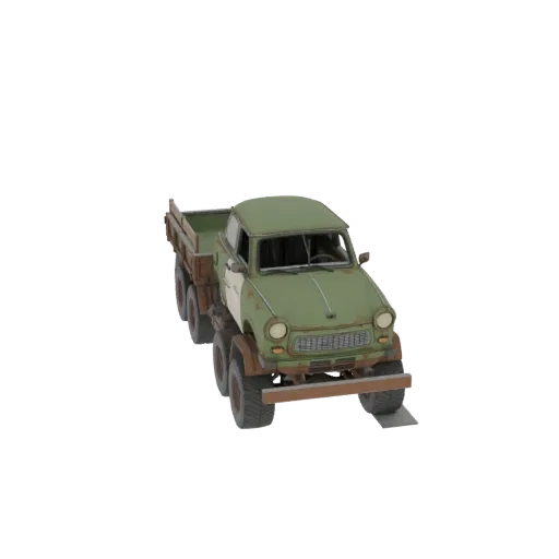 3D-Modell eines vintage grünen Sechsrad-Militär-LKWs mit verwitterter Oberfläche, von vorne im Dreiviertelblick gezeigt.