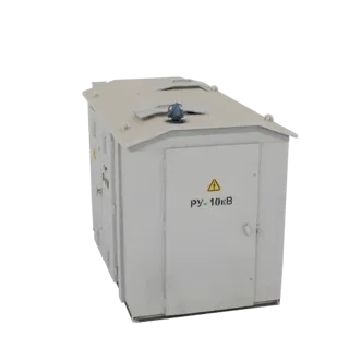 Modelo 3D de um gabinete compacto de distribuição elétrica cinza claro com um sinal de aviso amarelo de alta voltagem em sua