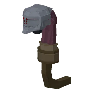 A 3D render of a gothic staff topped with a polygonal skull with red eyes, and a curved hook at the base, set against a neutr