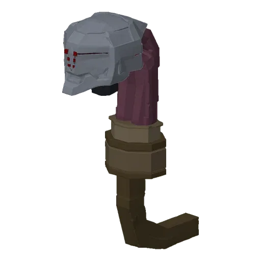 A 3D render of a gothic staff topped with a polygonal skull with red eyes, and a curved hook at the base, set against a neutr
