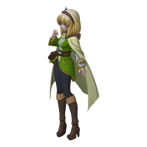 3D model of an anime elf adventurer with blonde hair, blue eyes, green outfit, and a cream cape, standing in a ready pose.