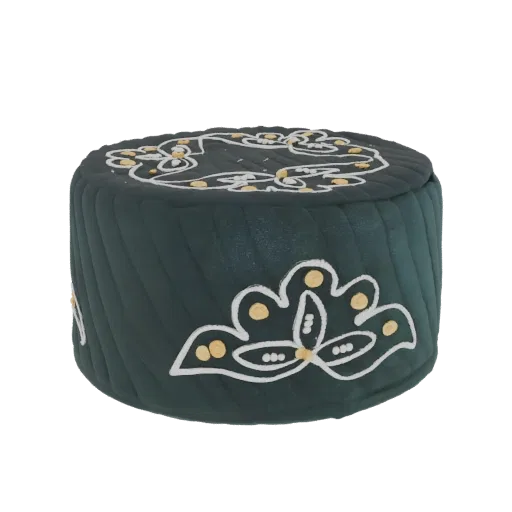 3D model of a dark green cap with white and gold floral embroidery, presented on a white background.
