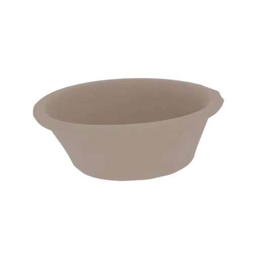 Ein 3D-Rendering einer minimalistischen beigen Servierschüssel mit glatter, matter Oberfläche, präsentiert auf weißem Hinterg