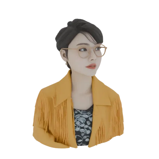 3D model render of an Asian woman with short dark hair, wearing round glasses and a yellow fringe jacket over a patterned top