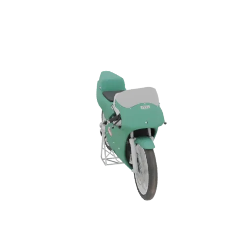 A 3D model of a vintage racing motorcycle in a teal color, displayed on a white stand against a white background.
