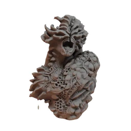 3D render of a grotesque fungal creature bust with an open mouth and detailed organic growths covering its head and torso.