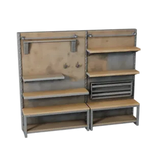 Modelo 3D modular de Muro Industrial con Panel de Tiras, vista isométrica del kit modular, mostrando marcos de acero, accesor