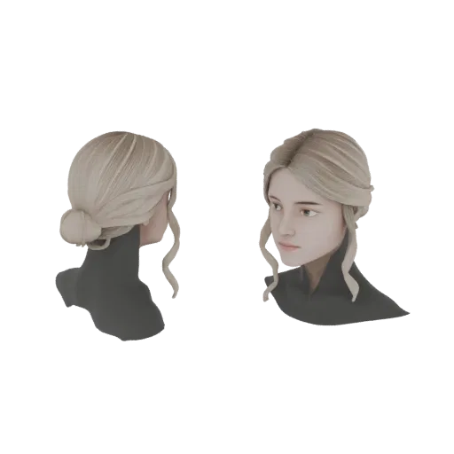 3D model of a woman with a detailed blonde updo hairstyle, shown from side and front views.