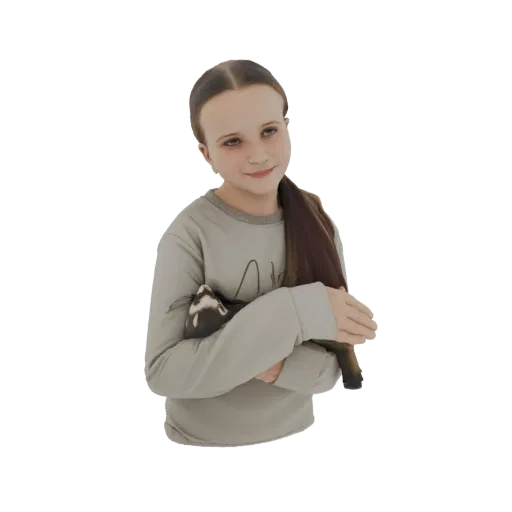 Modelo 3D de uma menina com cabelo castanho, vestindo um moletom cinza, sorrindo e segurando um furão nos braços.