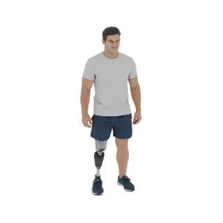 3D model of a man with a prosthetic leg, wearing a grey t-shirt and blue shorts, standing and looking forward.