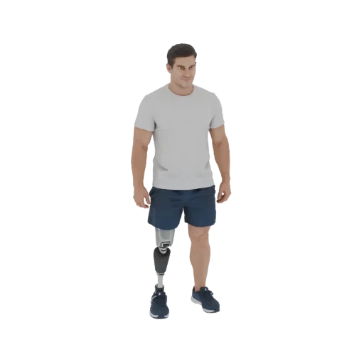 Modèle 3D d'un homme avec une jambe prothétique, portant un t-shirt gris et un short bleu, debout et regardant devant.