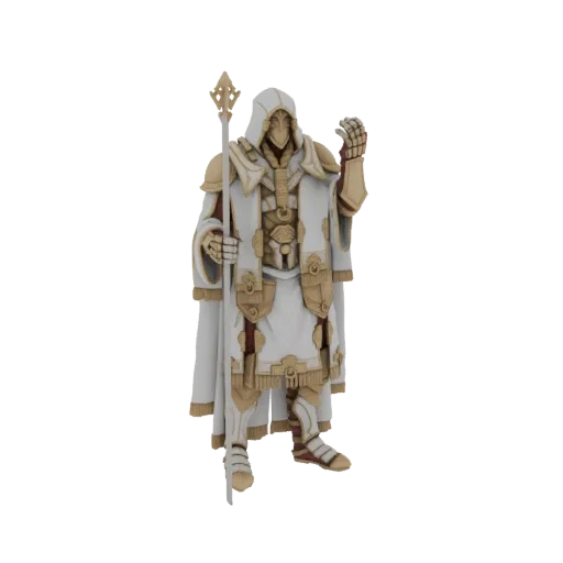 3D model of a robed mystic oracle figure with a golden staff, wearing a hood and ornate armor, against a white background.