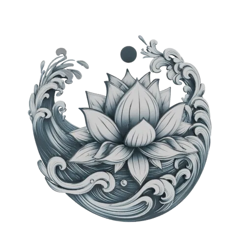 3D model of a lotus flower with stylized waves and a moon, rendered in grayscale.