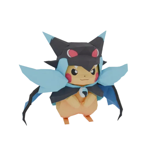 3D model of Pikachu in its Mega Evolution form, styled as a papercraft with geometric planes and sharp edges, against a white