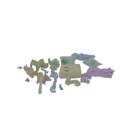 A 3D render of various colorful, scattered clay figures and objects, including stylized characters and a small box-like item.