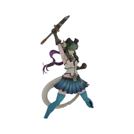3D model of an anime cat-girl warrior with green hair, cat ears, and a katana in a dynamic pose.