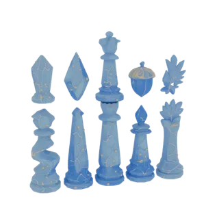 3D model of abstract chess set in blue crystals with gold veins: crystal, drop, wave, wood slice, acorn, leaf.