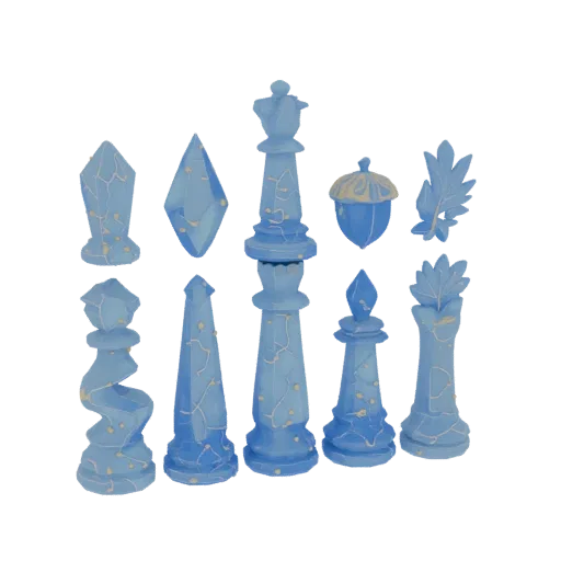 3D model of abstract chess set in blue crystals with gold veins: crystal, drop, wave, wood slice, acorn, leaf.