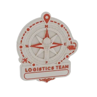 3D model of a 'Logistics Team' emblem with a compass rose, stylized building, airplane, and truck icons.