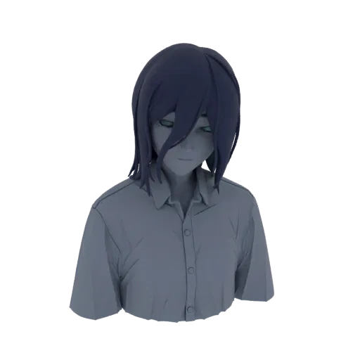 Render de modelo 3D de un busto de personaje estilo anime con cabello oscuro, ojos verdes y camisa con cuello, mostrado desde