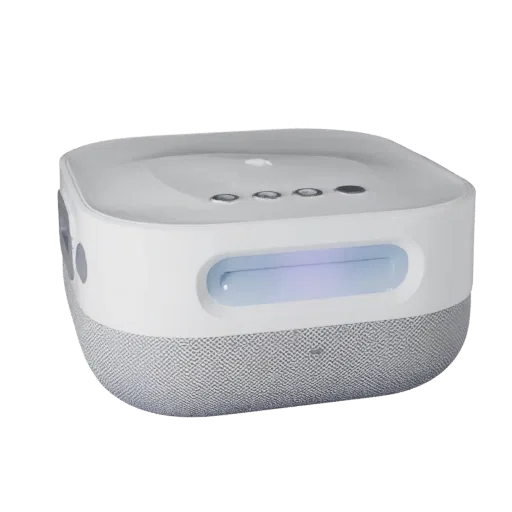 Voice Controlled Smart Speaker Stylized 3D model, stylized isometric render, showing white plastic, form detail.