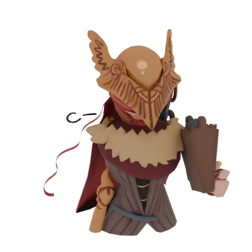Modèle 3D d'une Malenia chibi, Lame de Miquella d'Elden Ring, portant son casque et son armure emblématiques.
