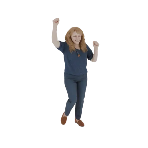 3D model of a smiling woman with her arms raised in a joyful dancing pose, wearing a blue top and dark pants.