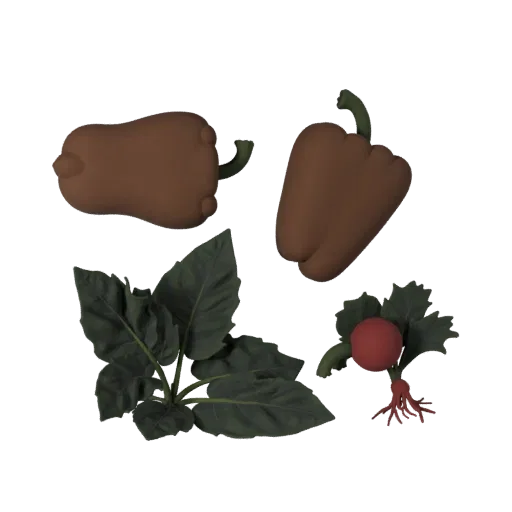 Market Bell Pepper 3D model, three-quarter front view, Unity viewport, showing leaf veins, clear vegetable silhouettes.