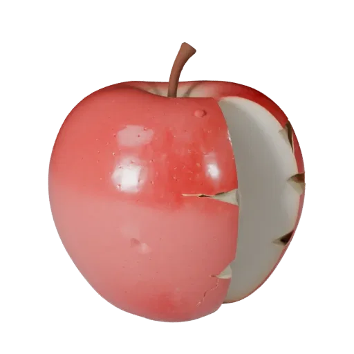 Sliced Apple High Poly 3D model, close-up studio render, showing skin pores, recognizable fruit forms.