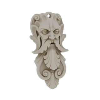 Renderização de modelo 3D de um ornamento de rosto de gárgula semelhante a pedra com expressão severa e barba ornamentada, co