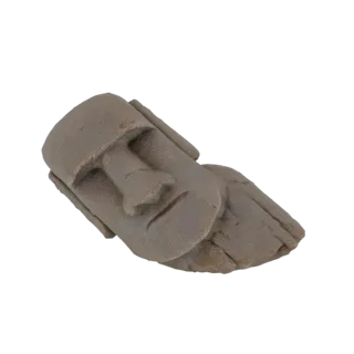 3D model of a Moai statue head tilted to the side, showing detailed stone texture and facial features.