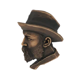 Render de modelo 3D de un busto de bronce de un hombre barbudo con sombrero, mostrado de perfil.