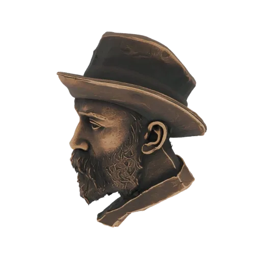 3D-Modell-Rendering einer Bronzebüste eines bärtigen Mannes mit Hut, im Profil gezeigt.