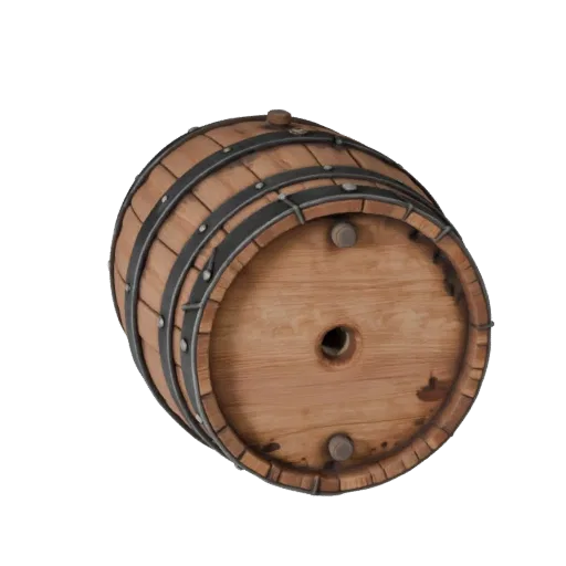 Pirate Barrel 3D model, three-quarter front view, Unity viewport, showing wood planks, stackable massing.
