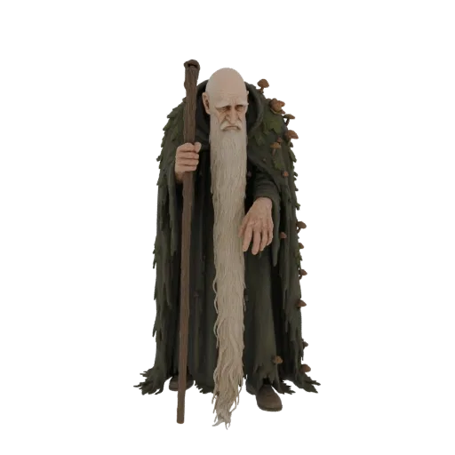3D model of an ancient forest guardian, an old man with a long white beard, wearing a mossy cloak with mushrooms, holding a w
