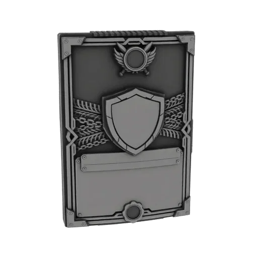 Render 3D di una dettagliata targa emblema ornata con scudo centrale, ali e area nome vuota, su sfondo bianco.
