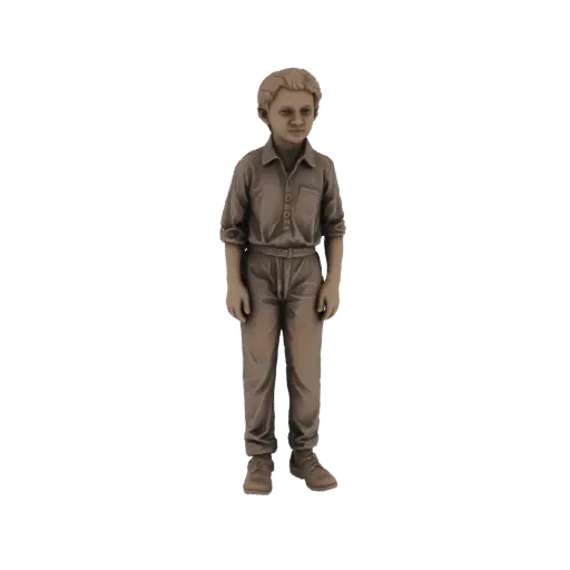 3D model of a young boy wearing a collared shirt and overalls, standing with hands at his sides.