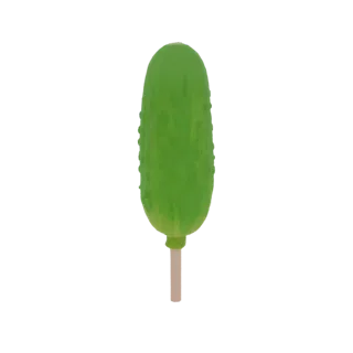 Modelo 3D de picolé de pepino verde brilhante em um palito de madeira marrom claro, isolado em fundo branco.