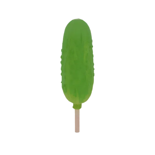 3D model of a bright green pickle popsicle on a light brown wooden stick, isolated on a white background.
