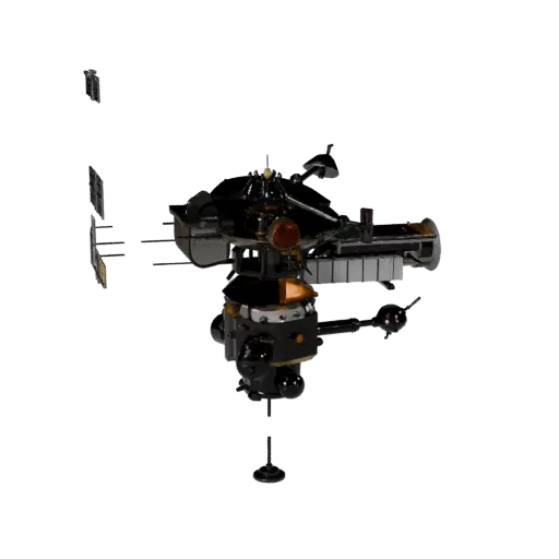 Weather Orbital Telescope Stylized 3D model, stylized isometric render, showing solar panels, spacecraft silhouette.