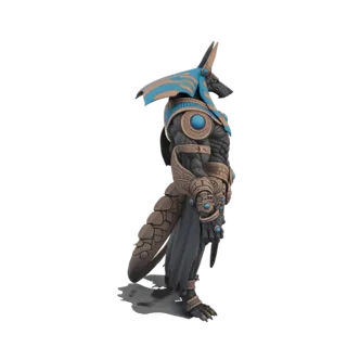3D model of Anubis, the Egyptian god of the afterlife, shown in profile view with a jackal head and ornate armor.