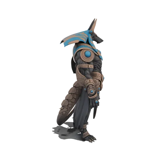 3D model of Anubis, the Egyptian god of the afterlife, shown in profile view with a jackal head and ornate armor.