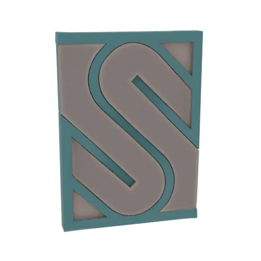 3D render of a stylized 'S' monogram emblem with a grey 'S' inside a teal geometric frame, presented on a black background.