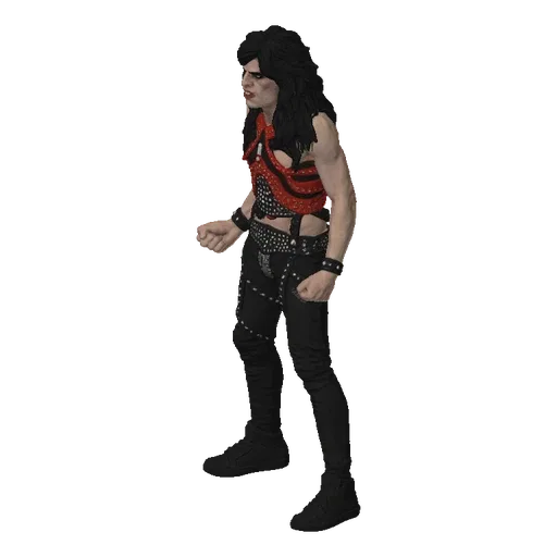 3D model of a heavy metal rocker with black hair, a studded red and black vest, and studded black pants, striking a powerful