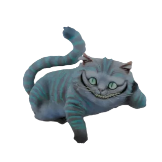 3D model of the Cheshire Cat from Alice in Wonderland, depicted in a relaxed pose with a wide, toothy grin and blue and grey